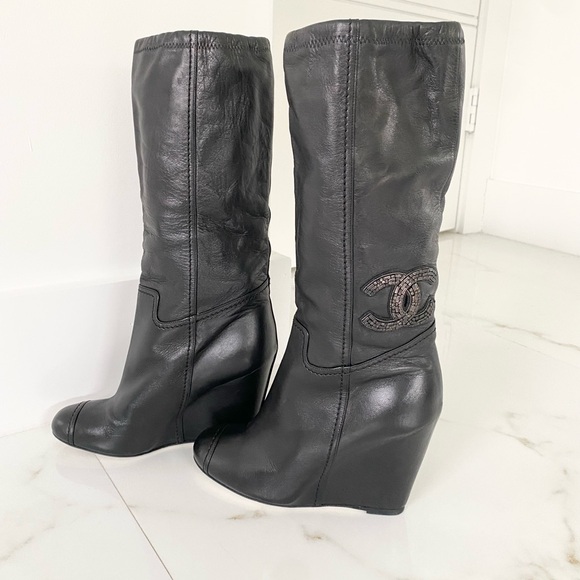 Chanel CC Crystal Embellished Black Leather Wedge Heel Calf Boots - Picture 5 of 12